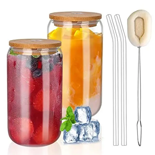 Produktbild: 2 Pcs 12oz Trinkgläser Mit Bambusdeckel Glasstrohhalm, Trinkglas Mit Strohhalm Deckel, Eiskaffeebecher Eiskaffeetasse Biergläser Bierdosenglas Deckel Strohhalm Glasbecher Dosenform Für Wasser kaffee