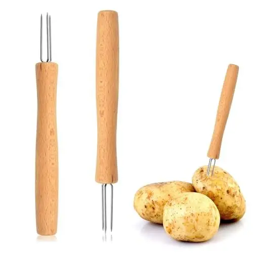 Produktbild: Ormromra 2 Pcs Pellkartoffel Gabel, Pellkartoffelgabel mit 3 Zinken, Kartoffelpieker, Maiskolben Halter, Silber, Hochwertiges Buchenholz + 430# Edelstahl