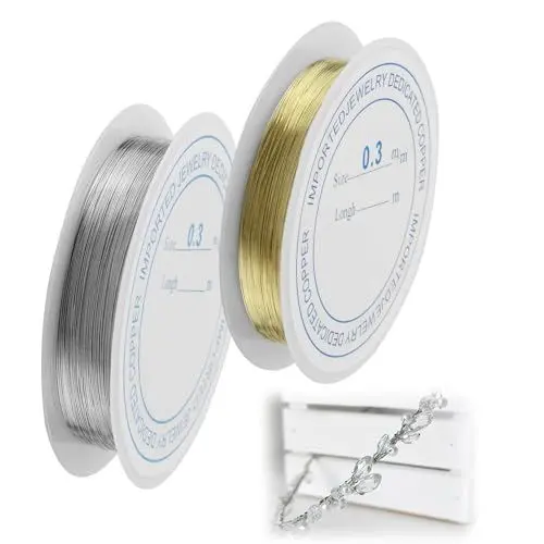 Produktbild: 2 Rollen Schmuckdraht 15m/Rolle, 0,3 mm Basteldraht Dünn Kupferdraht, Draht zum Basteln für Perlenweben & Schmuckherstellung, Schmuckdraht Silber,Basteldraht Gold