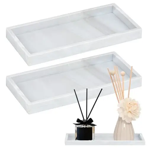 Produktbild: 2 STK Badezimmer Tablett, Schmuck Tablett, Deko Tablett Dekotablett Badezimmertablett, Truktur Marmorplatte, Silikon Schmucktablett für Schminktisch Vanity Kosmetisch Kerzen Handtuch Organizer, Weiß