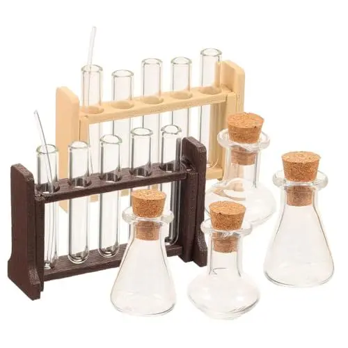 Produktbild: 2 Sätze Puppenhaus-Mini-reagenzglas-messbecher-Set Aus Simuliertem Glas Miniatur-laborgeräte Miniatur-puppenhaus-Labor Mini-labormodell Puppenspielsets Kleines Haushalt Regal Holz