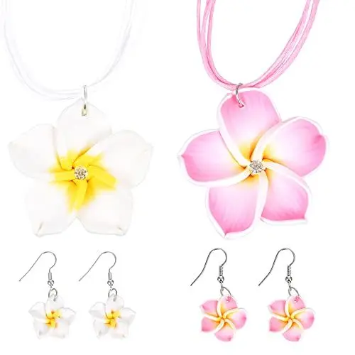 Produktbild: 2 Sets Hawaii Thema Schmuck Lehm Plumeria Anhänger Halskette und Ohrringe Schmücken