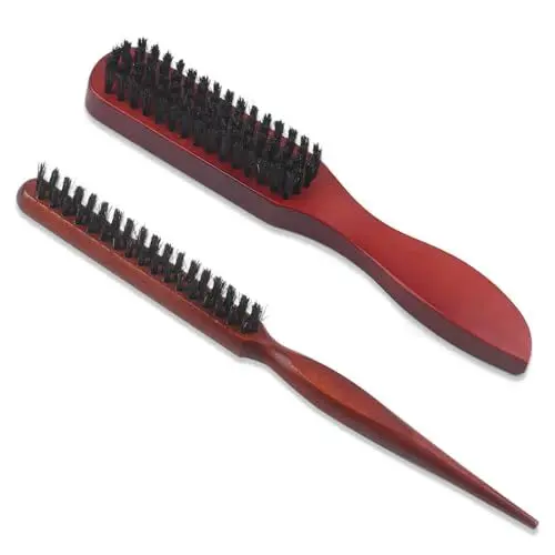 Produktbild: 2 Stk Haarbürste Wildschweinborsten Sleek Bun Bürste, Weichen Toupierbürste mit Holzgriff, Boar Bristle Brush, Teasing Hair Brush für Langes Dickes Lockiges Haar Bart Männer Herren Frauen