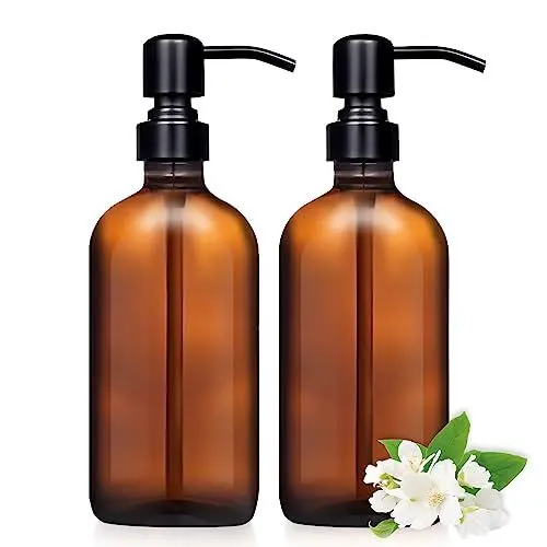 Produktbild: 2 Stück 500 ml Bernsteinglas-Seifenspender mit Edelstahlpumpe, brauner nachfüllbarer leerer Flüssigkeitsflaschenspender, Hand- und Spülseifenflasche mit Pumpe und Etikett für Küche & Bad