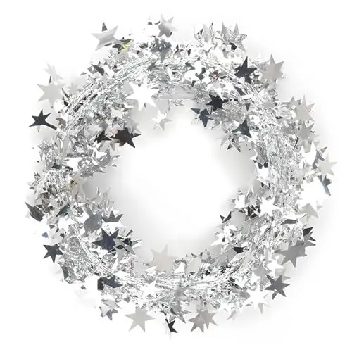 Produktbild: 2 Stück 7,5 M Weihnachten kleine Sterne Girlande Glänzend Metallisch Folien Girlande Weihnachtsbaum Lametta Hängende Dekorationen für Party Ferien Weihnachtsdeko Streifen Christbaum (Silberig)