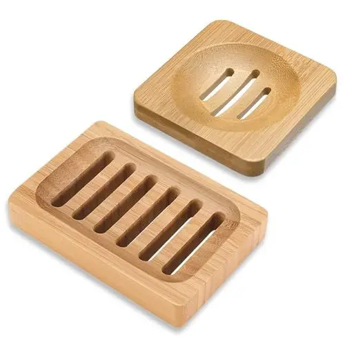 Produktbild: 2 Stück Bambus Seifenschale mit Ablauf, Seifenhalter Dusche Holz Seifenablage Natürliche Hölzerne Bambus, Handgefertigte Seifenkiste Seifen Box Set