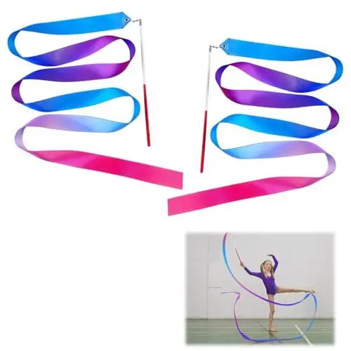 Produktbild: 2 Stück Buntes Gymnastik Band, Premium Gymnastikband mit Stab. Gymnastikschlangen, Sportgymnastik Band für Schule und Heimspiel, Mitgebsel, Talentshow