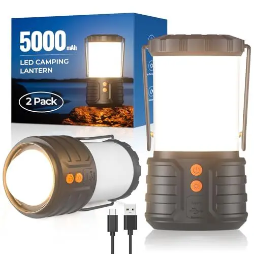 Produktbild: 2 Stück Campinglaterne, LED-Campinglaternen, 5000mAh wiederaufladbare Batterie Notfalllichter für Stromausfälle, 3 Farben, IPX4 wasserdichte tragbare Taschenlampe Camping Zeltlicht für Zuhause