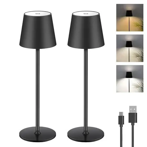 Produktbild: 2 Stück Dimmbare LED Akku Tischlampe, Touch Kabellose Tischleuchte mit USB-C, Metall LED Wiederaufladbar Akku Tischlampe für Outdoor und Indoor, Aluminium, IP44 Wasserdicht, 5600mAh, 5W, Schwarz