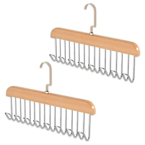 Produktbild: 2 Stück Drehbarer Krawattenhalter, 360 Grad Gürtelbügel Kleiderschrank Kleiderbügel Holz Gürtelaufhänger Schrank Garderobe Mit Mehreren Haken Krawattenaufhänger