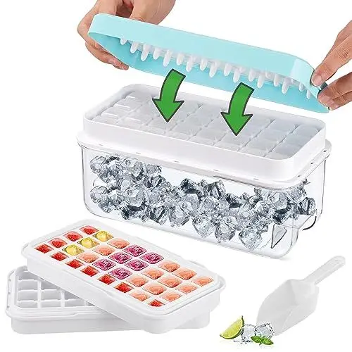 Produktbild: 2 Stück Eiswürfelformen mit Deckel und Behälter, 64 Stück Eiswürfelform Wiederverwendbare, Eiswürfel Ice Cube Trays einfach Herauszunehmen, 2 Eiswürfelschalen, 1 Schaufel, 1 Eiskübel und 1 Pressplatte