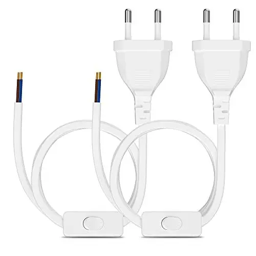 Produktbild: 2 Stück Euro Netzkabel mit Schalter, 3 Meter Euro Stecker Stromkabel, 2 X Ersatzkabel Anschlusskabel mit Schalter Typ C, 3 x 0,5 mm², für Leuchten, Lampen, Leuchtmittel,Weiß