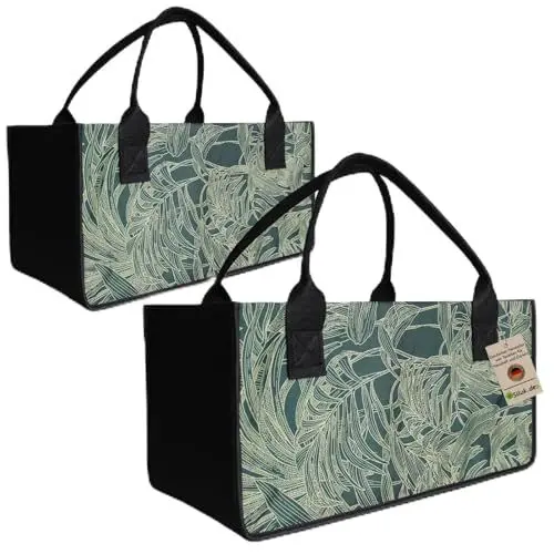 Produktbild: 2 Stück Filztaschen Einkaufstasche Kaminholztasche Kaminholzkorb Filz Zeitungsständer Zeitungskorb (Blume - Grün)