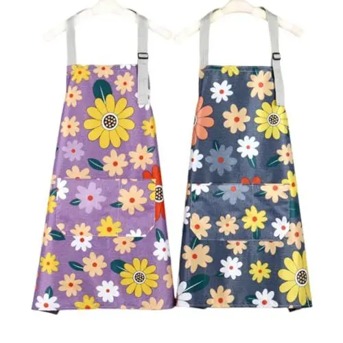 Produktbild: 2 Stück Florale Schürzen, Küchenschürze für Frauen, Kochschürze Wasserdicht, Verstellbare Schürzen, Große Blumen Schürzen mit Taschen für Kochen, Backen Gärtnern，Hausarbeit /Wasserdicht, Verstellbar