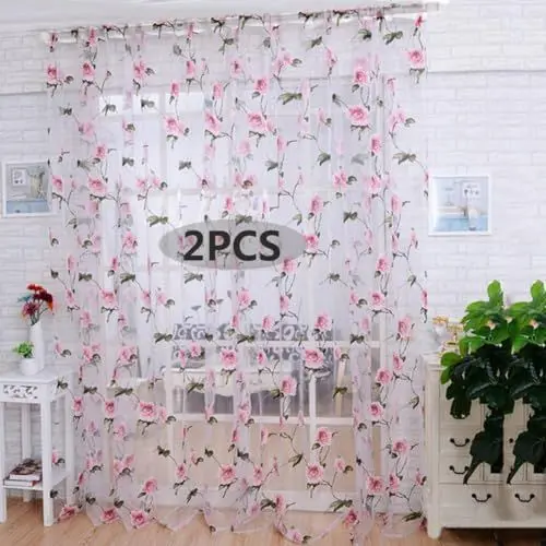 Produktbild: 2 Stück Gardinen Blumen mit stilvollem Rosen-Design, Transparent Kräuselband Gardinen für Wohnzimmer Schlafzimmer Kinderzimmer Landhaus, als Sichtschutz, Ausbrennergardine für Küche, 100x200cm