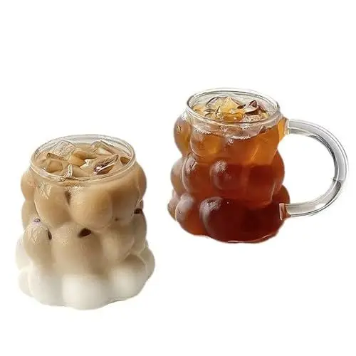 Produktbild: 2 Stück Glas-Trinkgläser, 450 Ml Glas, Eiskaffeetasse, Kreative Traubenform, Eistee-Gläser, Saft-Trinkbecher, Niedliche Blasengläser, Welliges Glasgeschirr für Getränke, Cocktails, Milch, Limonade