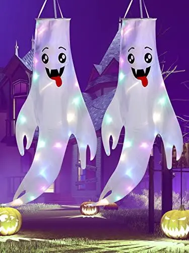 Produktbild: 2 Stück Halloween Deko Geister Windsäcke Outdoor mit LED-Lich, 135cm Hängen Ghost Dekoration für Halloween Party, Veranda Rasen Patio Garten, Outdoor Spooky Flag mit Haken (Cute)