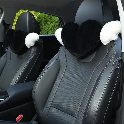Produktbild: 2 Stück Herzförmiges Auto-Kopfstützenkissen niedlich mit Engelsflügeln – bequemes weiches Auto-Nackenkissen Kopfstütze Kissen Kawaii Autozubehör für Autofahren Reisen Büro Heimdekoration, schwarzes