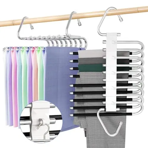 Produktbild: 2 Stück Hosenbügel Kleiderbügel Platzsparend, 9 In 1 Kleiderbügel für Hosen, Edelstahl Hosen Kleiderbügel, rutschfest Faltbare Pants Hanger für Hosen, Schals, Jeans, Kleidung, Handtücher, Krawatten
