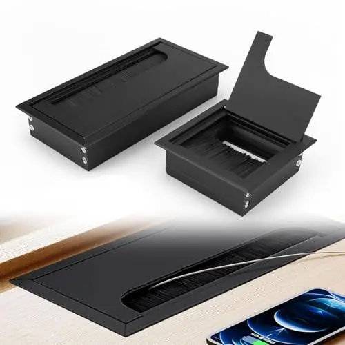 Produktbild: 2 Stück Kabelmanagement für Schreibtisch – Aluminium Kabeldurchführung (80 x 80 mm & 160 x 80 mm) – Kabeldurchlass mit Schutzhülle für Büro, Homeoffice und Schlafzimmer