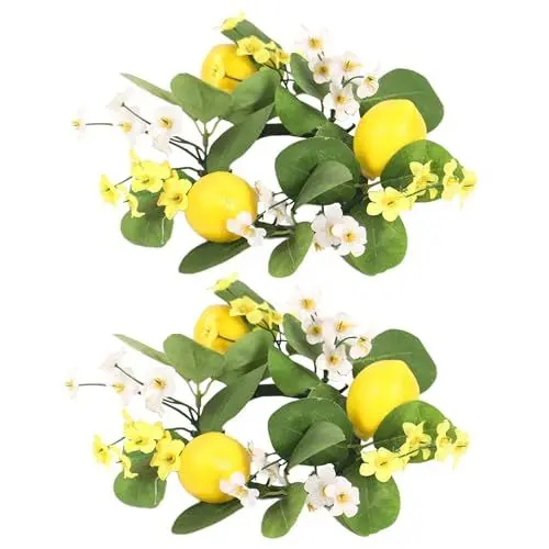 Produktbild: 2 Stück Kerzenringe mit Zitronen-Dekor, Künstlicher Eukalyptus-Kranz, Kerzenkränze, Kleiner Grüner Bauernhaus-Kranz für Tür, Hochzeit, Tafelaufsatz, Zuhause, Party, Tischdekoration