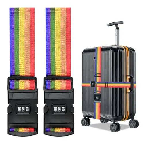Produktbild: 2 Stück Koffergurt, Tragbar Kofferband Einstellbare, strapazierfähige Koffergurte, Gepäckgurt mit Kombinationsverschluss für Gepäck, Reisetaschen, （2 m Regenbogenfarbe）