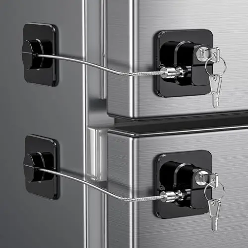 Produktbild: 2 Stück Kühlschrank Schloss mit Klebstoff, Kein Werkzeug Erforderlich, Kindersicherung Schrank mit Schlüsseln für Kinder, Kühlschrankschloss für Gefrierschrank, Schränke, Schubladen, Fenster (Schwarz)