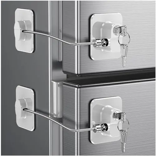 Produktbild: 2 Stück Kühlschrank Schloss mit Klebstoff, Kein Werkzeug Erforderlich, Kindersicherung Schrank mit Schlüsseln für Kinder, Kühlschrankschloss für Gefrierschrank, Schränke, Schubladen, Fenster (Weiß)