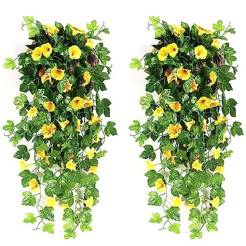 Produktbild: 2 Stück Künstliche Hängende Blumen Deko, Hängenden Künstlich Veilchen, Künstliche Hängepflanzen für Hauswand Drinnen und Draußen Garten Hochzeit Balkon Korbdekoration Gelbe Rose