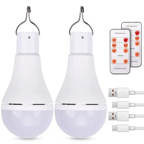 Produktbild: 2 Stück LED Glühbirne aufladbar USB Rechargeable Light Bulb with 5 Light Modes,Fernbedienung Zeitgesteuert, mit Haken Tragbar USB Wiederaufladbar Glühbirne für Wandern Garten Outdoor Angeln Grillen