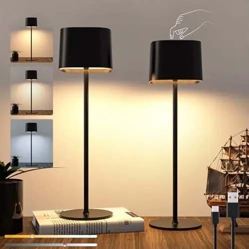 Produktbild: 2 Stück LED Tischlampe Kabellos Akku Tischleuchte Touch Stufenlos Dimmbar Tischlampe Tragbare Touch Lampe mit USB-C Aufladbar 5600mAh Wiederaufladbar Batterien Nachttischlampe, Innen/Außen Tischlampe