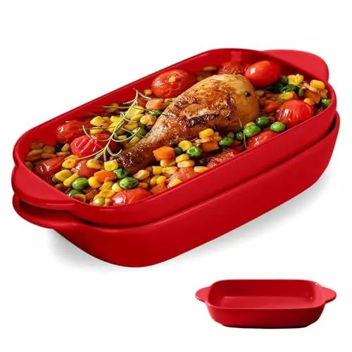 Produktbild: 2 Stück Lasagneform, 23 x 13cm Auflaufform Set, Bunt Glasiertes Kleines Ofenform, Rechteckige Backform aus Keramik für Lasagne, Backen, Gourmet Essen, Hitzebeständig (Rot)