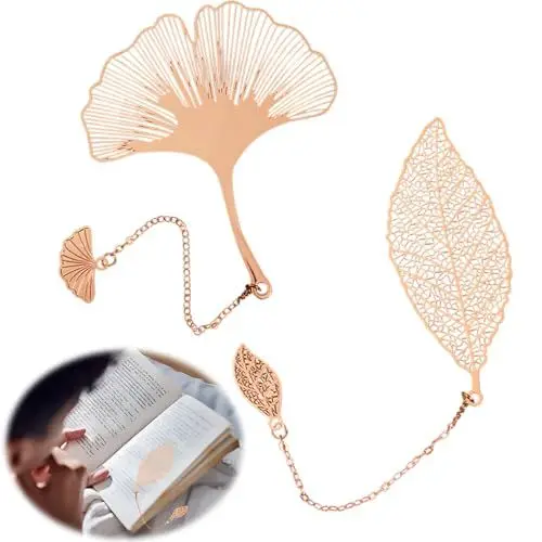 Produktbild: 2 Stück Leaf Lesezeichen, 3D Metall Hohles Design Lesezeichen, Gold Bookmark mit Anhänger, Ginkgo Maulbeerblätter, Seitenmarker Geschenke für Lehrer, Studenten, Leser und Buchliebhaber
