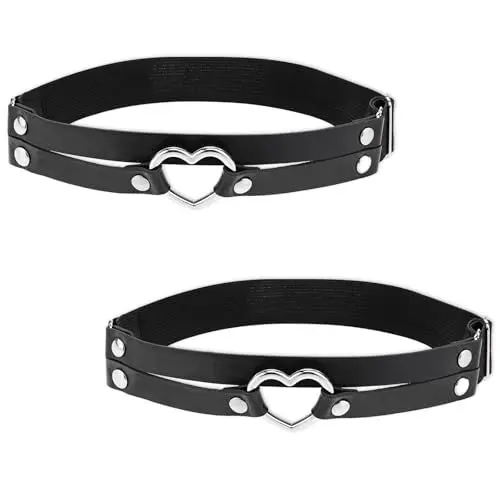 Produktbild: 2 Stück Leder Bein Strumpfband Schwarz, Verstellbarer Strumpfhalter, Verstellbare Herz-Beinstrumpfbänder,Gothic Herz Strumpfhalter Elastische Oberschenkelstrumpfbänder für Damen Frauen Halloween