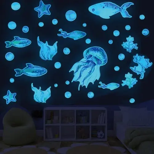 Produktbild: 2 Stück Meerestiere Wandtattoo, Leuchtend Ozean Meerestiere Fluoreszierend Wandsticker Leuchtaufkleber, Unterwasserwelt Für Kinderzimmer Dekorative Aufkleber Wanddeko