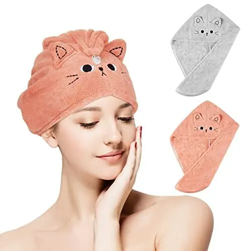 Produktbild: 2 Stück Mikrofaser Haartuchwickel Absorbierender Haartuch Katze Schnelltrocknend Haarturban Anti Frizz Haarhandtuch Haartrockentuch für Frauen Mädchen Kinder, Rosa, Grau (Katze)