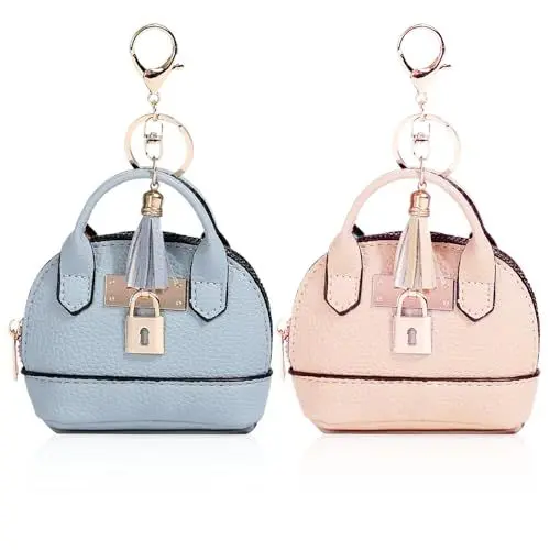 Produktbild: 2 Stück Mini Tote Bag Niedliche Kosmetiktasche für Frauen PU Leder Rucksack Schlüsselanhänger Makeup Tasche Schlüssel Tasche Lippenstift Tasche Kartenhalter Daten Kabel Organizer Zipper (Pink+Blue)