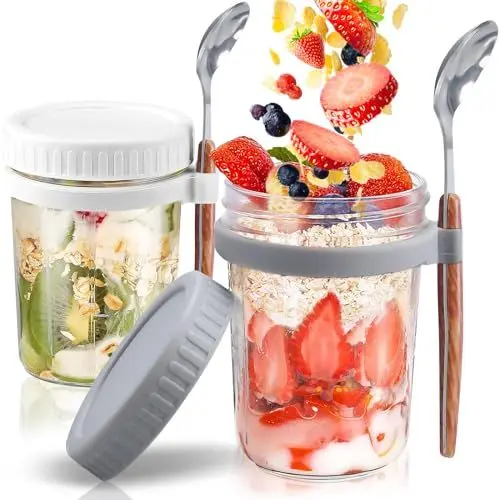 Produktbild: 2 Stück Overnight Oats Gläser mit Deckel und Löffel,Glass Overnight Oats Containers,Becher für Overnight Oats,Joghurt,Müsli, Haferbrei, Milch,Obst,Weiß, 2 pcs Glas Müslibecher to go mit Löffel 400ml