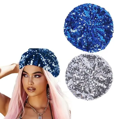 Produktbild: 2 Stück Pailletten Hut, Disco Outfit, Baskenmützen,Barett Cap Damen, Halloween Hut,Accessoire, Karneval, Kostüm, Themenparty, Mottoparty, (Blau, Silber)