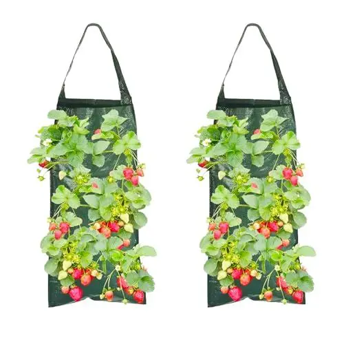 Produktbild: MUYAPAY 2 Stück Erdbeer Pflanzsack Hängend, Vertikal Pflanztasche Hängend, Erdbeeren Pflanzen Pflanzsäcke für Draussen, Pflanzbeutel Hängend mit 8 Löchern für Erdbeer Tomaten Kräuter Gemüse (Grün)