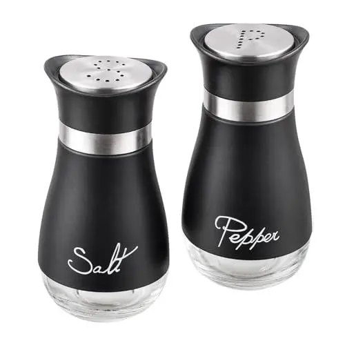 Produktbild: 2 Stück Salz- und Pfefferstreuer Set mit Halter aus Glas und Edelstahl Salzstreuer Pfefferstreuer Gewürzstreuer Camping Zuckerstreuer Küchenzubehör (Schwarz)
