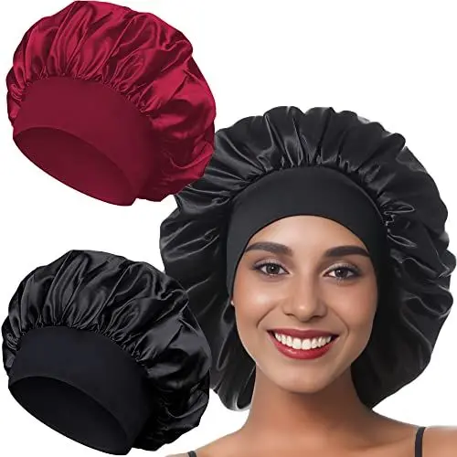 Produktbild: 2 Stück Satin Haarhaube, Satin Bonnet Nacht Verstellbare Elastisch Schlafmütze zum Schutz der Haare Schlafhaube Seide Damen Weiche Sleep Cap