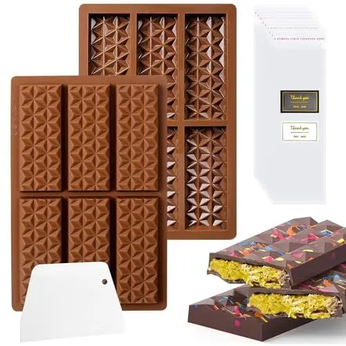 Produktbild: 2 Stück Schokoladenform Silikon, 6 Tafeln Tief Schokoladentafel Silikonform mit Schaber und Tasche und Aufkleber, Dubai Schokolade Form für Schokolade Praline Süßigkeiten,BPA-frei (Diamant)