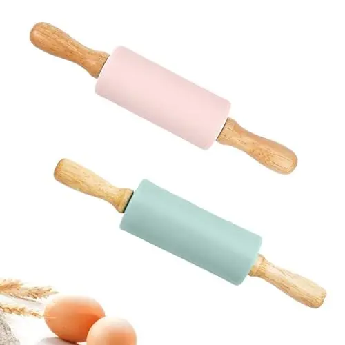 Produktbild: 2 Stück Silikon Nudelholz Mini Kinder Nudelholz Teigroller mit Holzgriff für Küche Backen Pizza Kekse Gebäck Fondant Kinder