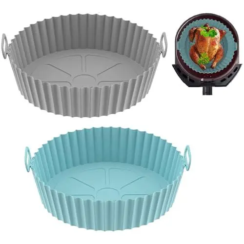 Produktbild: 2 Stück Silikonform für Heißluftfritteuse Air Fryer Liners Silikon Pot Liners Backpapier Rund Korb Heißluftfritteuse Zubehör Wiederverwendbar Silikoneinsatz für Ofen Mikrowelle