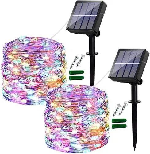 Produktbild: (2 Stück) Solar Lichterkette Aussen, 12M 120 LED Lichterkette Outdoor Wasserdicht Kupferdraht 8 Muster Solar Lichterkette Dekoration für Garten, Balkon, Terrasse, Hochzeit, Party (Bunt)