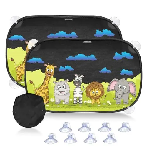 Produktbild: 2 Stück Sonnenschutz Auto Baby, 51x31 cm Auto Sonnenschutz Baby mit 8 Saugnäpfen und Süßen Tier Motiven, Sonnenschutz Auto Kinder mit UV Schutz, Sonnenschutz für Auto (Forest Animals)
