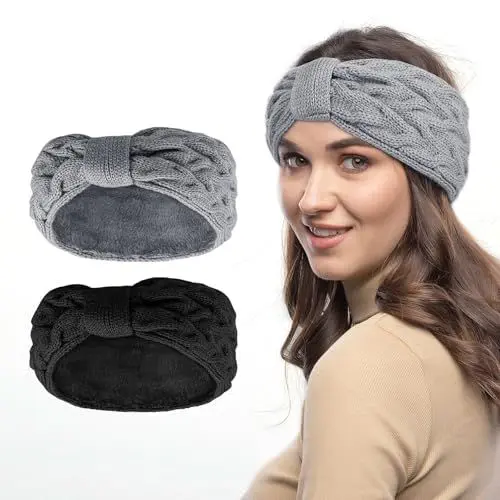 Produktbild: 2 Stück Stirnband Damen Winter, Stirnbänder Mädchen Gefüttert Fleece Haarband, Elastische Kopfband Gestrickte Headband Frauen Haarreifen Strick Headwrap,für Herbst und Winter (Schwarz + Grau)