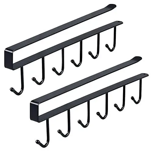 Produktbild: 2 Stück Tassenhalter, Unter Regal Tassenregal Ohne Bohren Tassenhaken mit 6 Haken Schrankeinsatz Becherhalter für Tassen Küchenutensilie Aufbewahrung (Schwarz)
