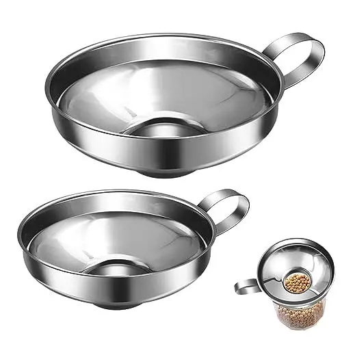 Produktbild: 2 Stück Trichter Edelstahl Marmeladentrichter mit Henkel Große Öffnung Einfülltrichter für Küche die Übertragung von Flüssigkeit Öl Marmelade Bohnen, Klein und Groß(Silber)